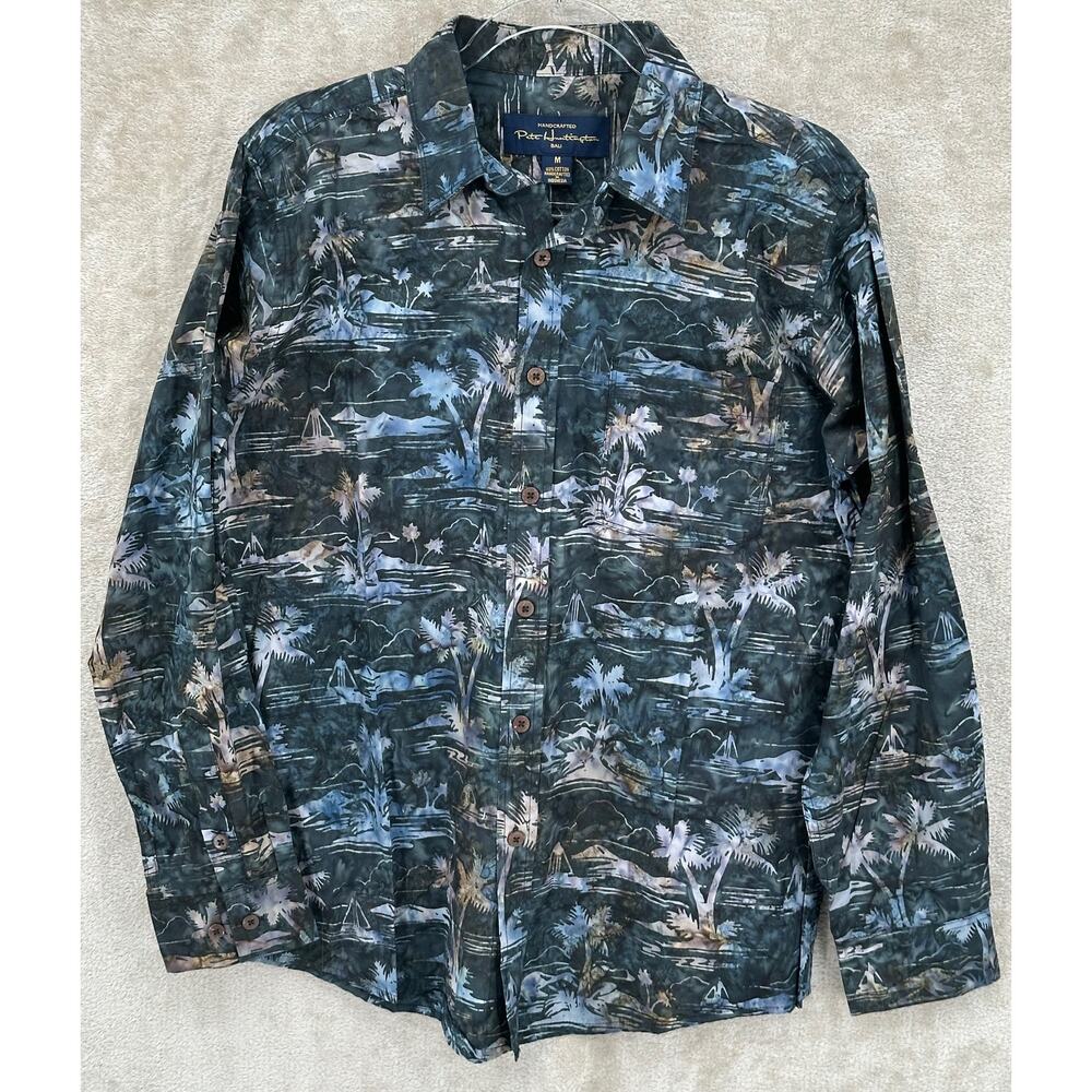Pete Huntington Shirt Mens Medium Navy Palm‎ Tree Hawaiian 100% Cotton Tropical